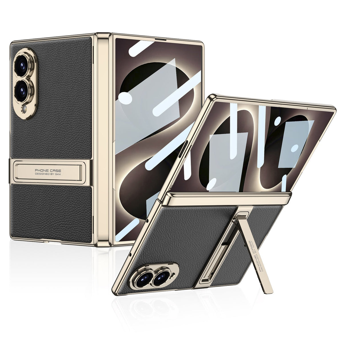 Leather Case For Galaxy Z Fold8 Wide Ultra – Gold-Finish Frame, Built-In Tempered Glass Film & Hidden Kickstand