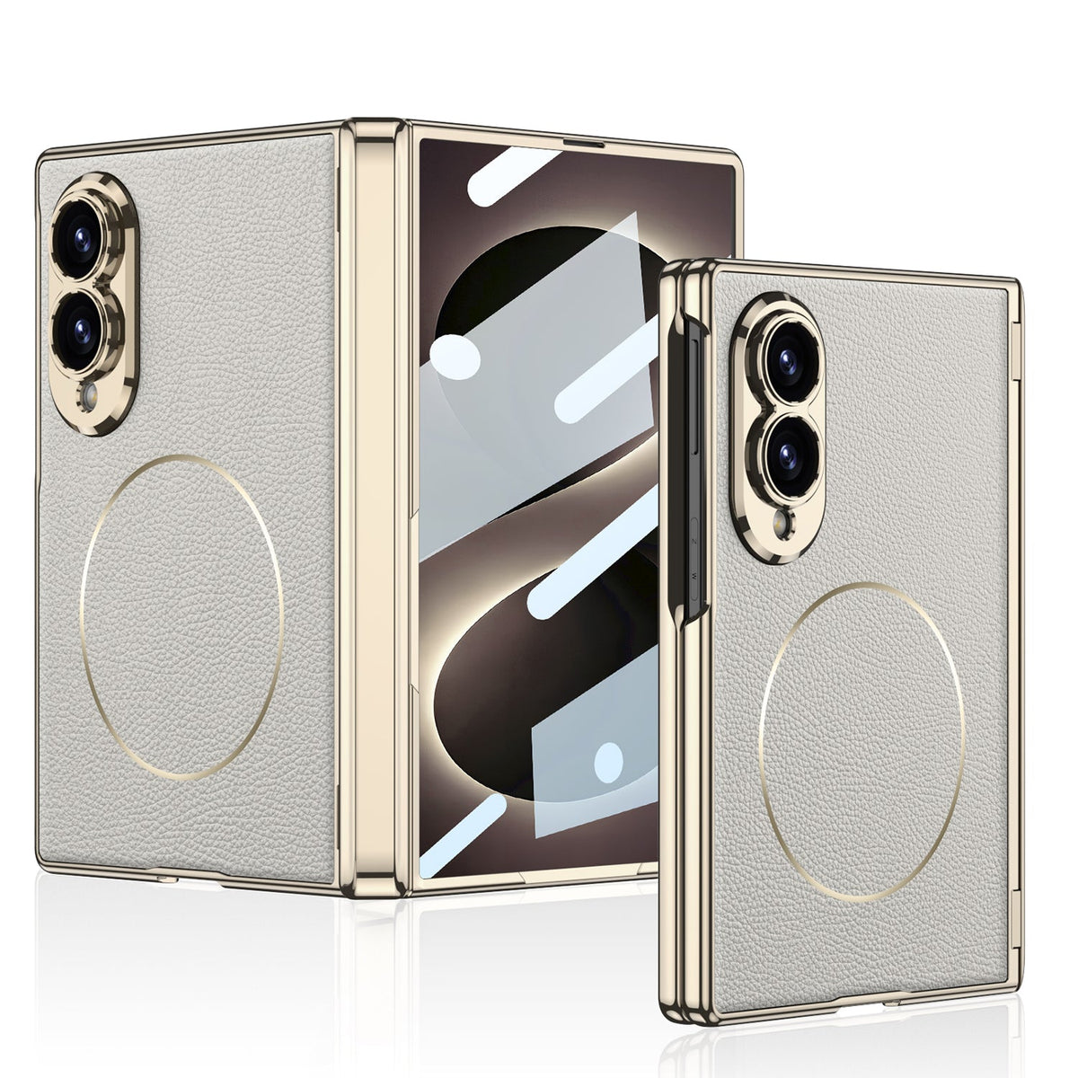Leather Case For Galaxy Z Fold8 Wide Ultra – Gold-Finish Frame, Built-In Tempered Glass Film & Magnetic Coil