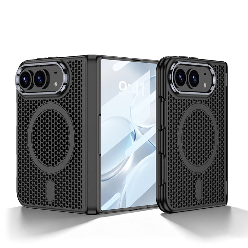 iPhone Duo  - Magnetic Hinge Protection Honeycomb‑Mesh Cooling Cover Built-in Tempered Glass Film & Magnetic Ring