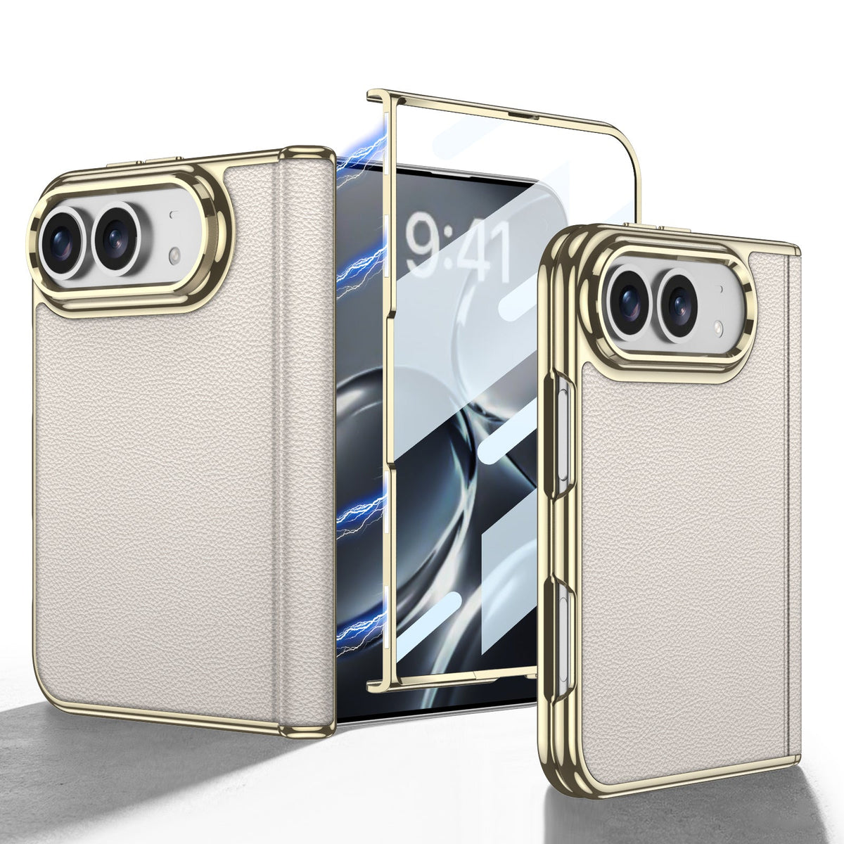 iPhone Duo  - Golden Plating Leather Cover Built-in Tempered Glass Screen