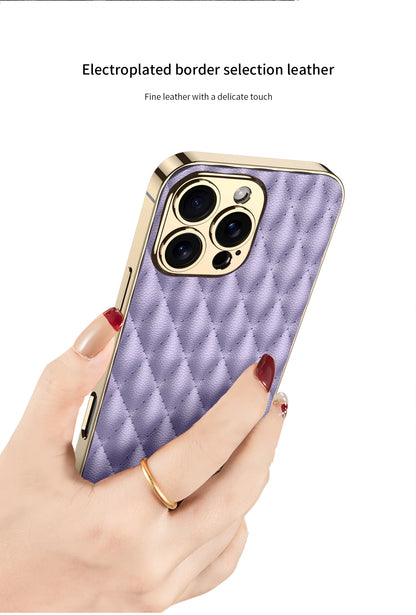 Electroplated PU Leather for iPhone 16 Pro Max Mobile Case  Rhomboid Pattern