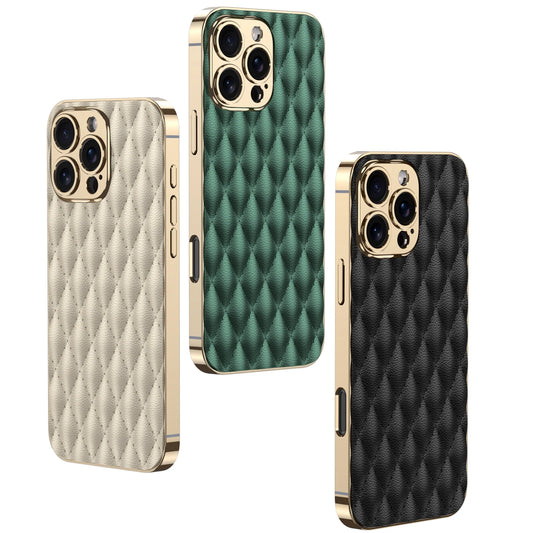 Electroplated PU Leather for iPhone 16 Pro Max Mobile Case  Rhomboid Pattern
