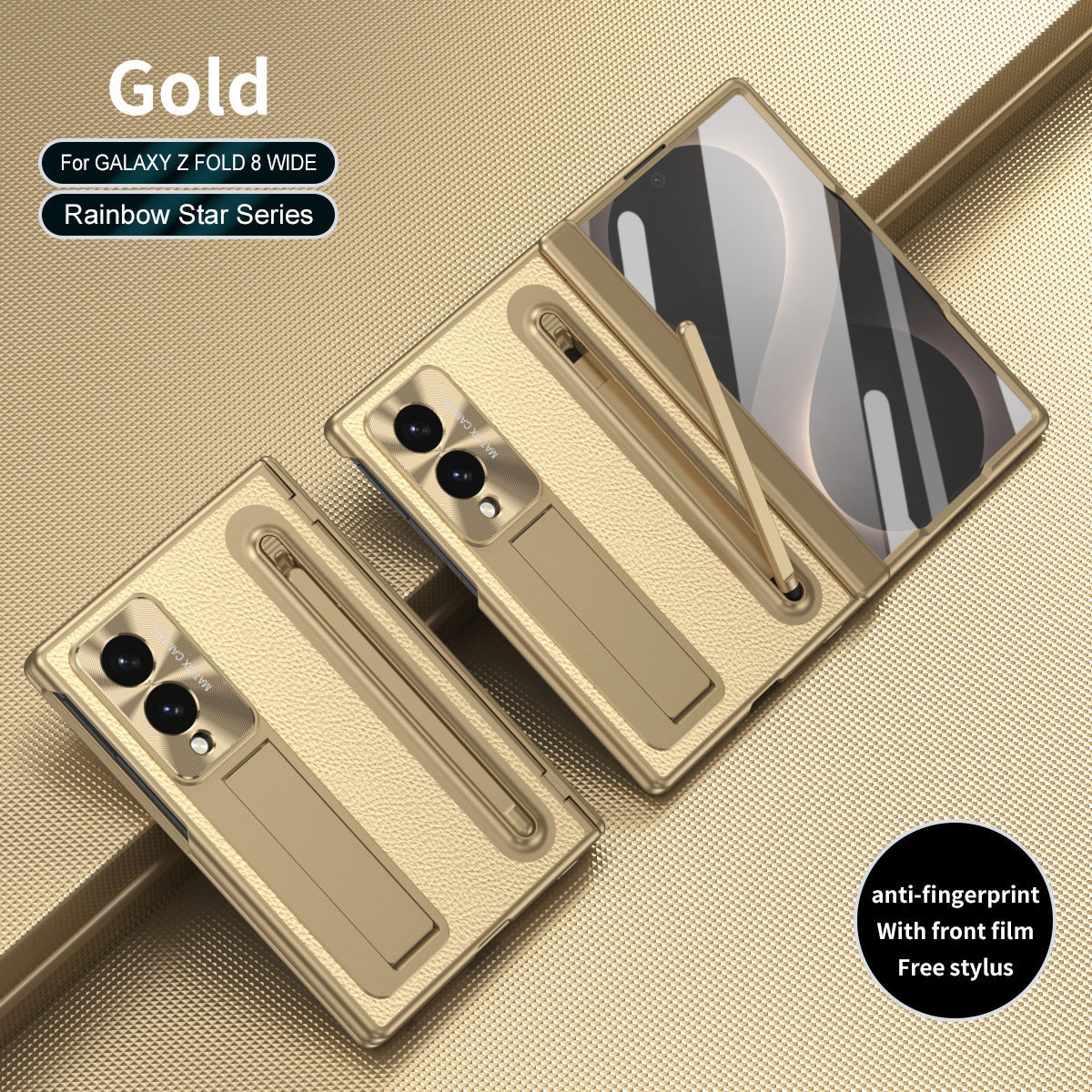 Leather Golden Electroplated Phone Case With Back Screen Glass and Stylus For Galaxy Z Fold8 Wide Ultra