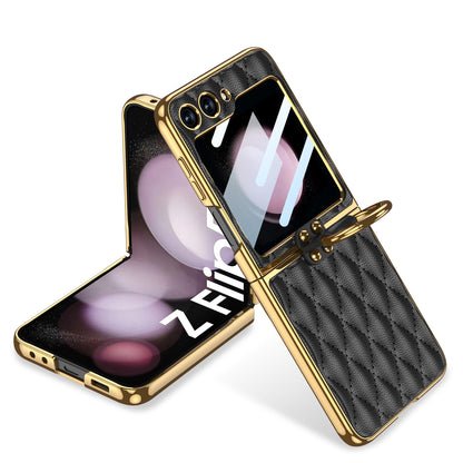 Luxury Argyle Leather Phone Case with Ring and Front Screen Protector For Samsung Galaxy Z Flip5
