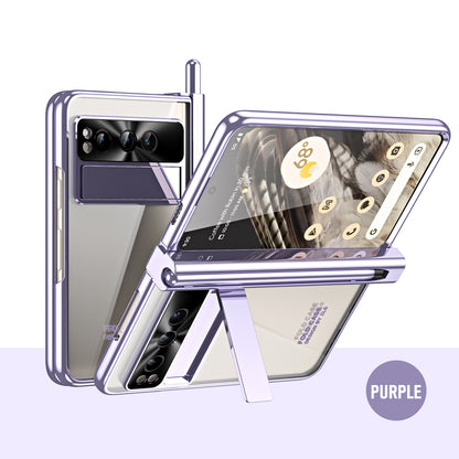 Electroplated Transparent Google Pixel Fold Case with Dual Hinge Protector & Screen Protector & Hidden Kickstand Pen Slot & Free Stylus