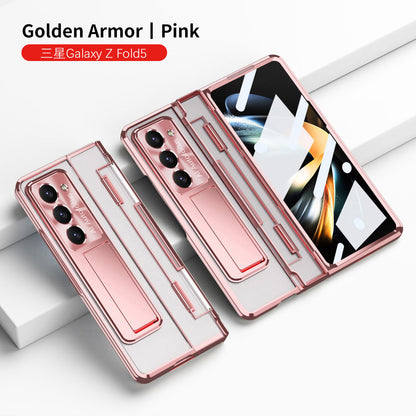 Plated Transparent Galaxy Z Fold5 Case with Front Screen Protector & Flat Hinge Protection & Kick-Stand