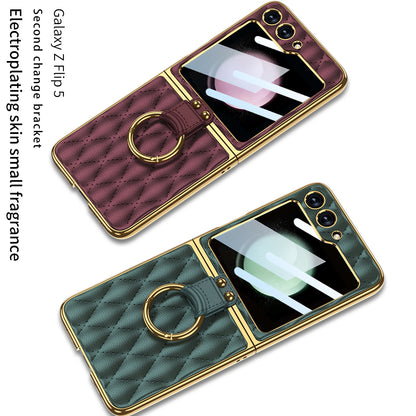 Luxury Argyle Leather Phone Case with Ring and Front Screen Protector For Samsung Galaxy Z Flip5