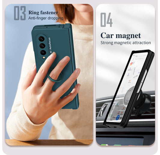 Anti-fall Protective Phone Case With Car Magnetizable Ring Holder And Film For Samsung Galaxy Z Fold5 Fold4 Fold3 - Mycasety Mycasety