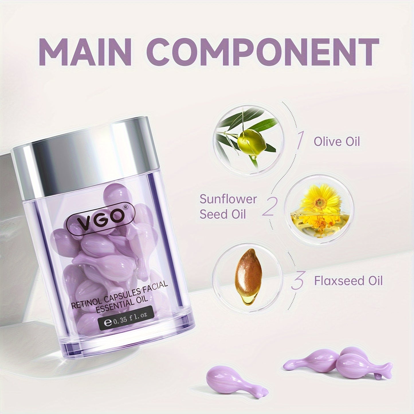 VGO RETINOL CAPSULES FACIAL ESSENTIAL OIL Moisturizes The Skin, Makes The Skin Look Plumper And Younger, And Maintains The Skin's Health 0.35ml*30 Capsules