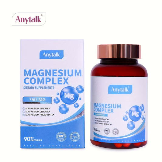 Anytalk Magnesium Complex 750 mg Magnesium Glycinate, Malate & Citrate for Good Health, 96 Capsules