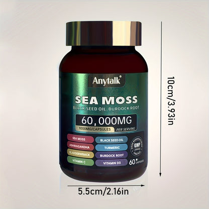 Anytalk SEA MOSS Contains Seaweed, Black Seed Oil, Turmeric, Vitamin C, Vitamin D3 And Other Ingredients 60 Capsules