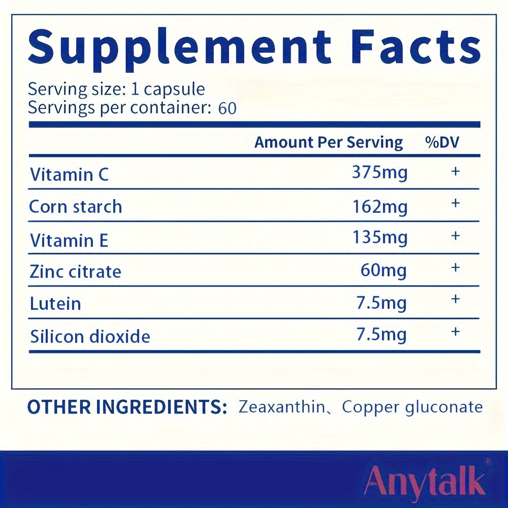 Anytalk Eye Vitamin And Mineral Supplement, Containing Vitamin C, Vitamin E, Zinc Citrate And Other Trace Mineral Elements, Used For Eye Care And Mineral Supplementation, Taken With Meals - 750 Mg/60 Tablets