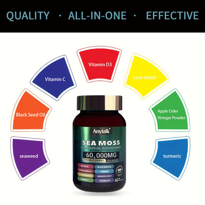 Anytalk SEA MOSS Contains Seaweed, Black Seed Oil, Turmeric, Vitamin C, Vitamin D3 And Other Ingredients 60 Capsules