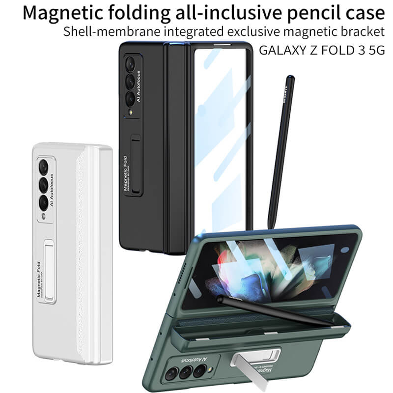Magnetic Folding Full Wrap Protective Pen Case With Back Screen Glass Hinge Holder Phone Cover For Samsung Galaxy Z Fold 3 5G - mycasety2023 Mycasety