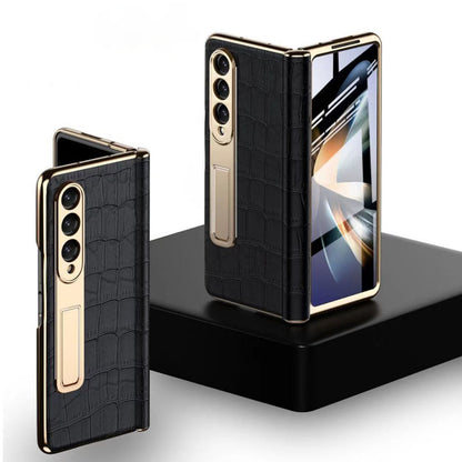 Handmade Leather Crocodile Pattern Phone Case With Back Screen Protector For Samsung Galaxy Z Fold4 5G - Mycasety Mycasety