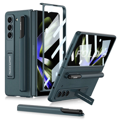 Invisible Bracket S Pen Slot Leather Protective Phone Case With Back Screen Protector For Samsung Galaxy Z Fold 5/4/3 5G - Mycasety Mycasety