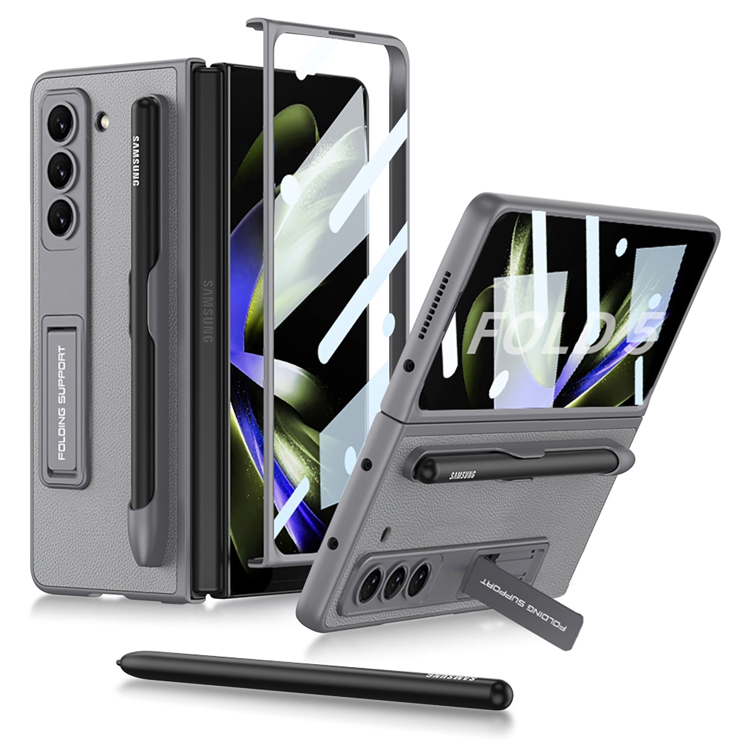 Invisible Bracket S Pen Slot Leather Protective Phone Case With Back Screen Protector For Samsung Galaxy Z Fold 5/4/3 5G - Mycasety Mycasety