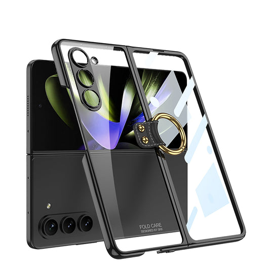 Transparent Electroplating Ring Holder Protective Phone Case With Back Screen Protector For Samsung Galaxy Z Fold 5/4/3 5G - Mycasety Mycasety