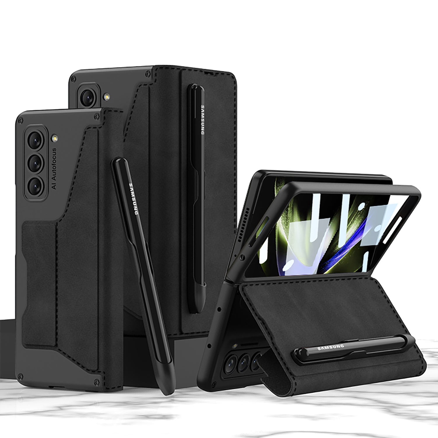 Leather Pen Holder Armor Phone Case With Back Screen Protector For Samsung Galaxy Z Fold5 Fold4 - Mycasety Mycasety