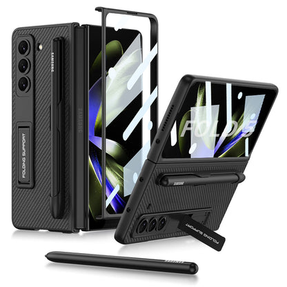 Invisible Bracket S Pen Slot Leather Protective Phone Case With Back Screen Protector For Samsung Galaxy Z Fold 5/4/3 5G - Mycasety Mycasety