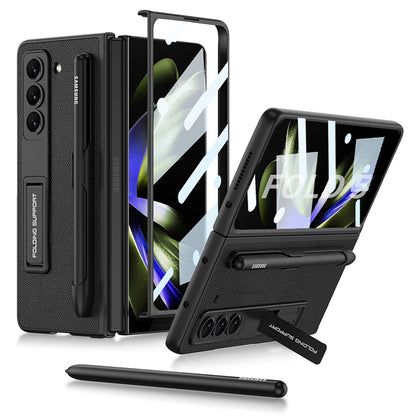 Invisible Bracket S Pen Slot Leather Protective Phone Case With Back Screen Protector For Samsung Galaxy Z Fold 5/4/3 5G - Mycasety Mycasety
