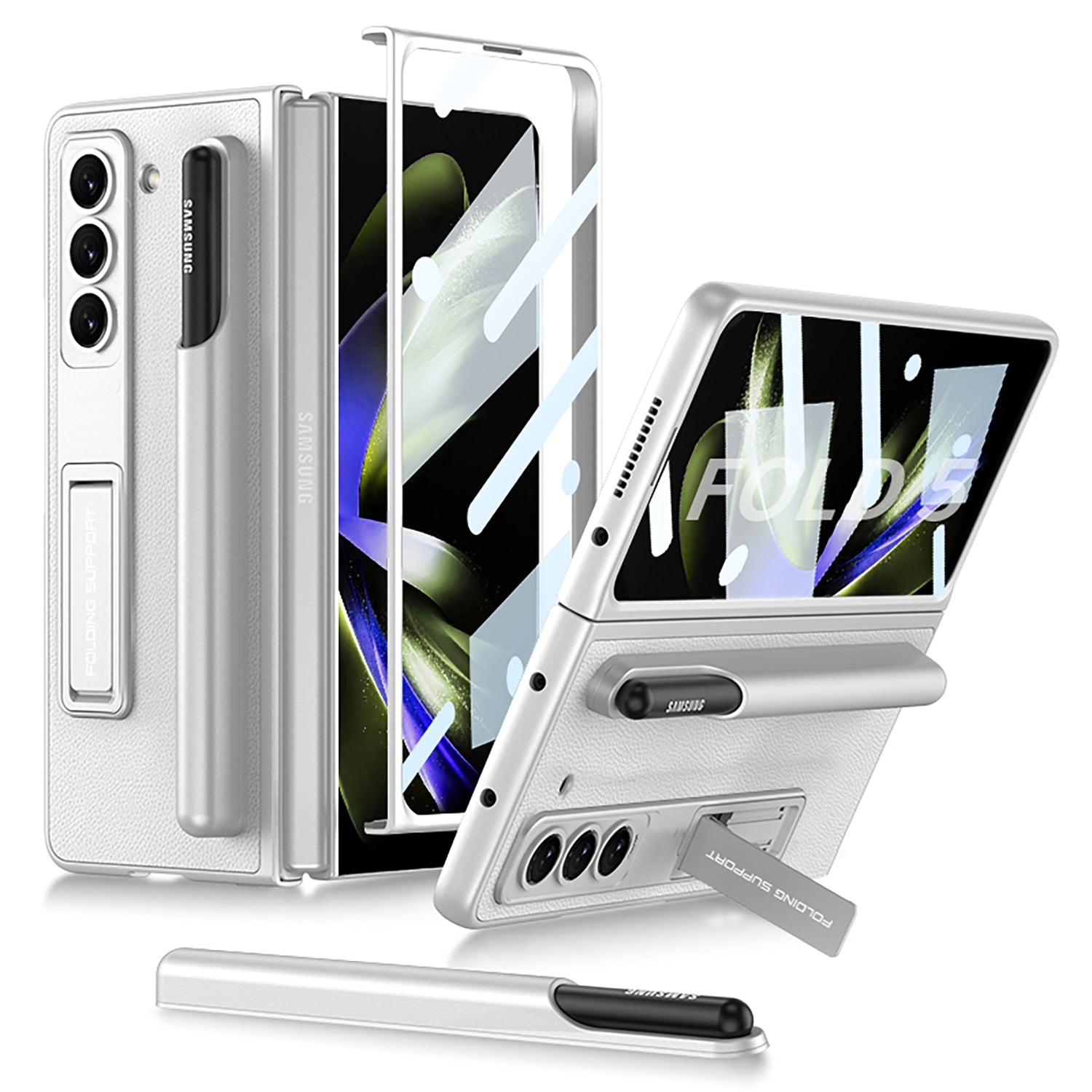 Invisible Bracket S Pen Slot Leather Protective Phone Case With Back Screen Protector For Samsung Galaxy Z Fold 5/4/3 5G - Mycasety Mycasety