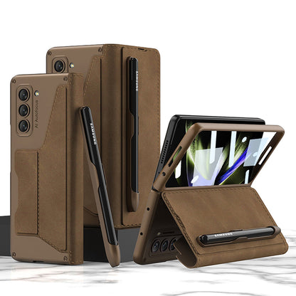 Leather Pen Holder Armor Phone Case With Back Screen Protector For Samsung Galaxy Z Fold5 Fold4 - Mycasety Mycasety