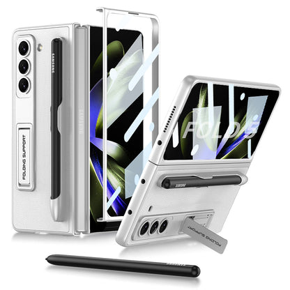 Invisible Bracket S Pen Slot Leather Protective Phone Case With Back Screen Protector For Samsung Galaxy Z Fold 5/4/3 5G - Mycasety Mycasety