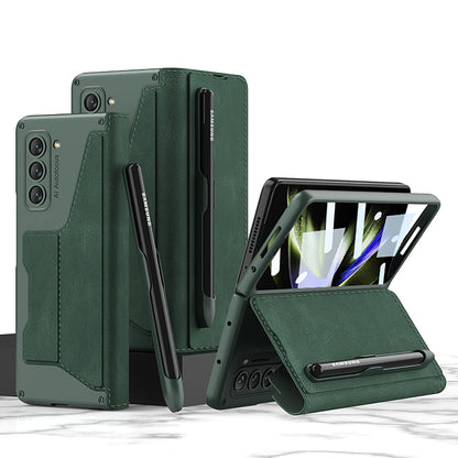 Leather Pen Holder Armor Phone Case With Back Screen Protector For Samsung Galaxy Z Fold5 Fold4 - Mycasety Mycasety