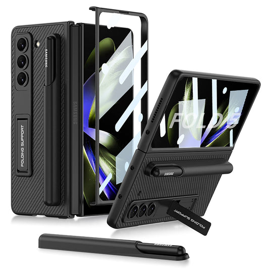 Invisible Bracket S Pen Slot Leather Protective Phone Case With Back Screen Protector For Samsung Galaxy Z Fold 5/4/3 5G - Mycasety Mycasety