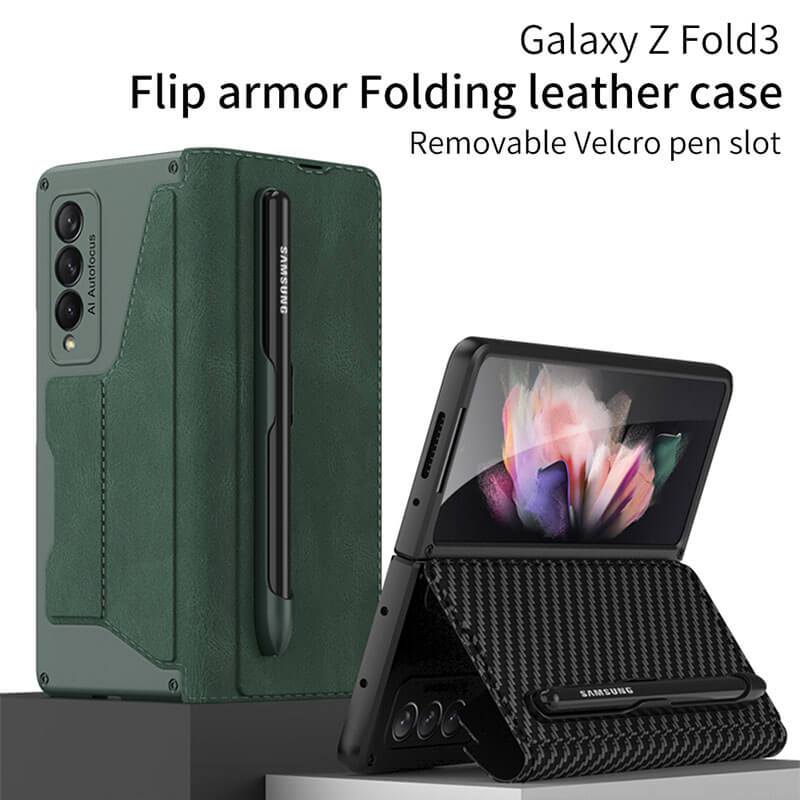 Leather Pen Holder Armor Back Case For Samsung Galaxy Z Fold 3 5G - GiftJupiter