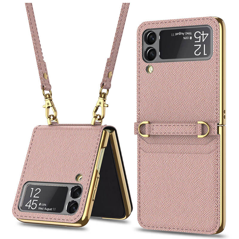 Textured Leather Strap Magnetic Fold Mirror Case For Samsung Galaxy Z Flip 3 5G