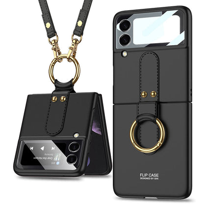Back Screen Glass Matte Hard Cover With Finger-Ring And Lanyard For Samsung Z Flip3 5G