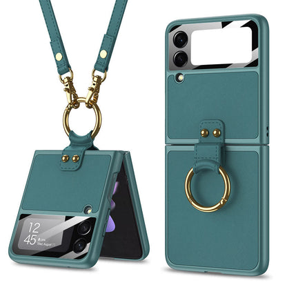 Leather Back Screen Tempered Glass Hard Frame Cover With Finger-Ring And Lanyard For Samsung Z Flip 3 5G