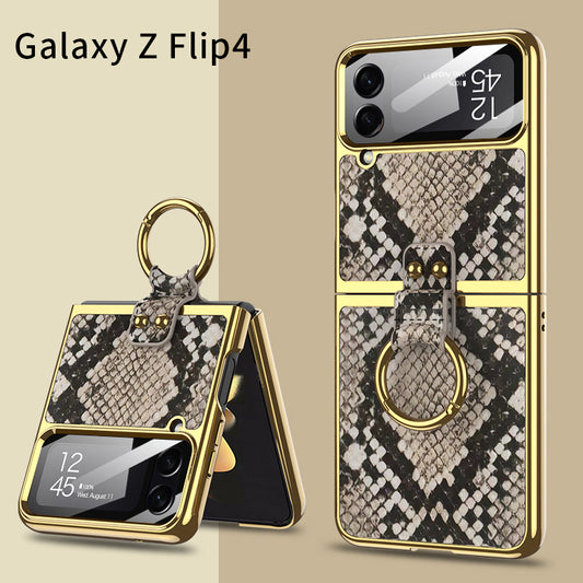 Electroplated Weave Leather Case For Galaxy Z Flip4 5G With Back Glass And Ring Holder Standard