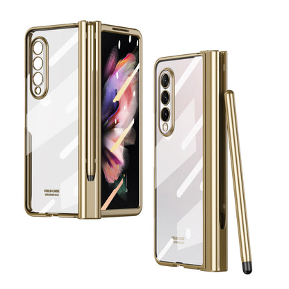 S Pen Fold Edition Case for Samsung Galaxy Z Fold 2 Z Fold 3 Pencil Slot Electroplating Clear Back Cover with Tempered Glass
