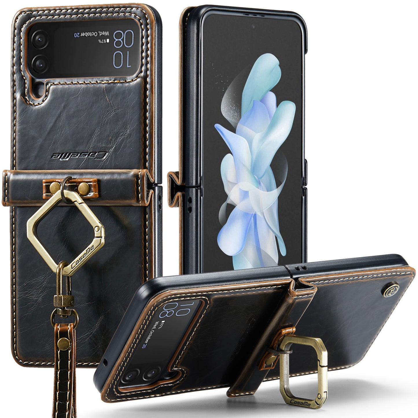 Leather Case For Samsung Galaxy Z Flip4 5G with Hand Strap and Keychain