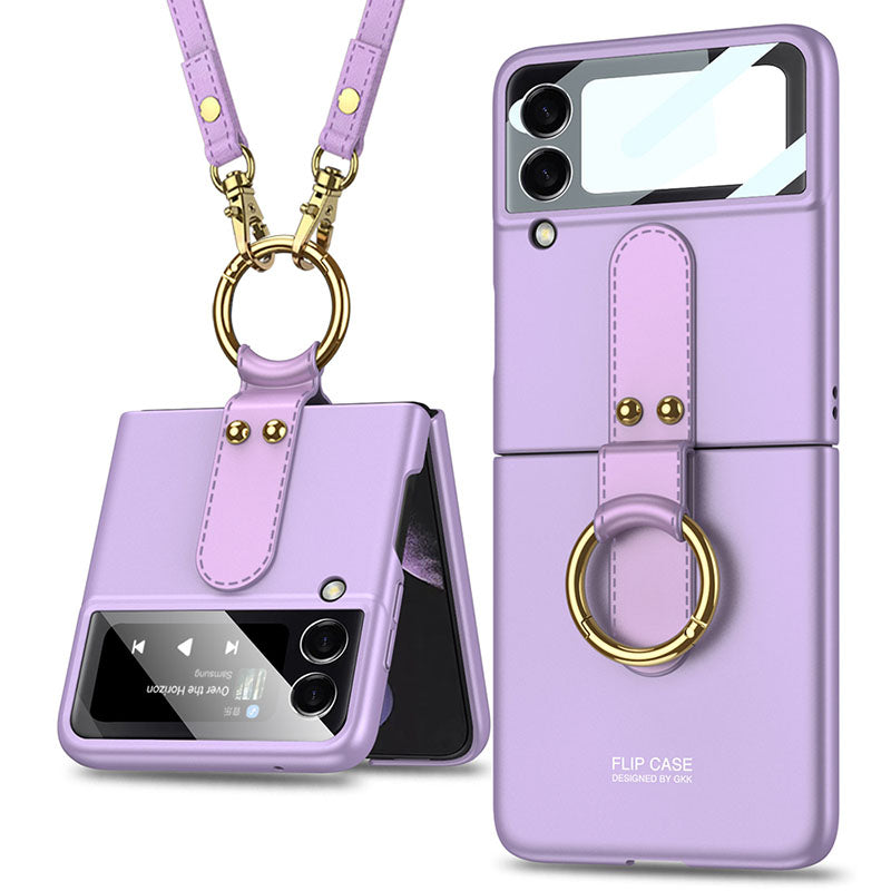Back Screen Glass Matte Hard Cover With Finger-Ring And Lanyard For Samsung Z Flip3 5G