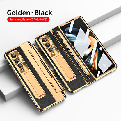 Hinge Folding Leather Shell Electroplated Case For Samsung Galaxy Z Fold4 5G W23 With Pen Slot And Stylus & Support Wireless Charge