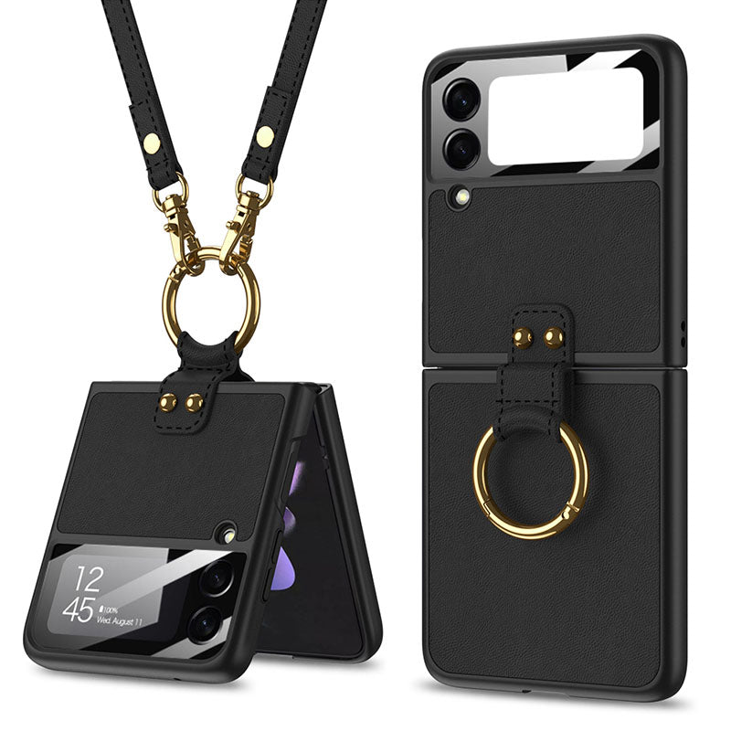 Leather Back Screen Tempered Glass Hard Frame Cover With Finger-Ring And Lanyard For Samsung Z Flip 3 5G