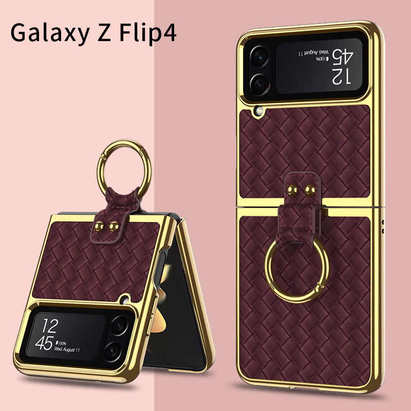 Leather Weaving Case For Samsung Galaxy Z Flip4 5G With Back Screen Protector And Ring Holder