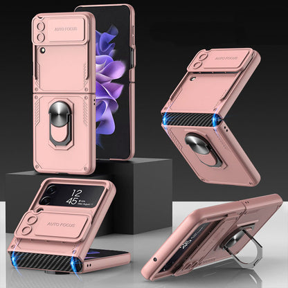 Armor Shockproof Bracket Case For Samsung Galaxy Z Flip4 5G With Ring Holder and Lens Slide Protector