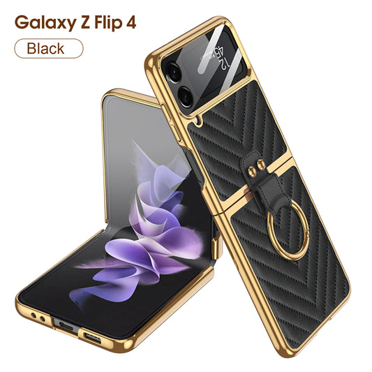 Luxury Electroplated Soft Case For Galaxy Z Flip4 5G With Back Glass And Ring Holder Standard