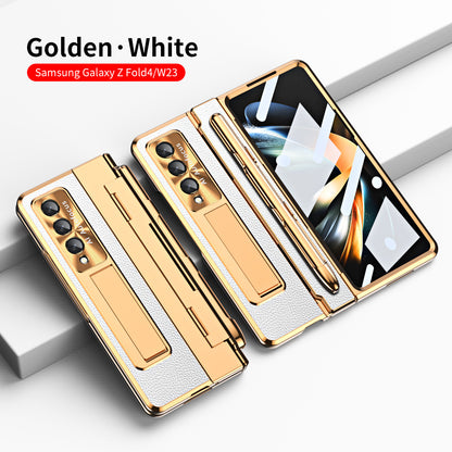 Hinge Folding Leather Shell Electroplated Case For Samsung Galaxy Z Fold4 5G W23 With Pen Slot And Stylus & Support Wireless Charge