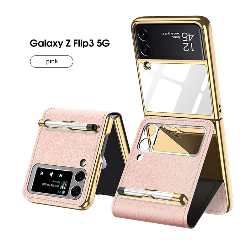 Electroplating Plain Leather Magnetic Case With Capacity Pen and Makeup Mirror For Samsung Galaxy Z Flip3 5G