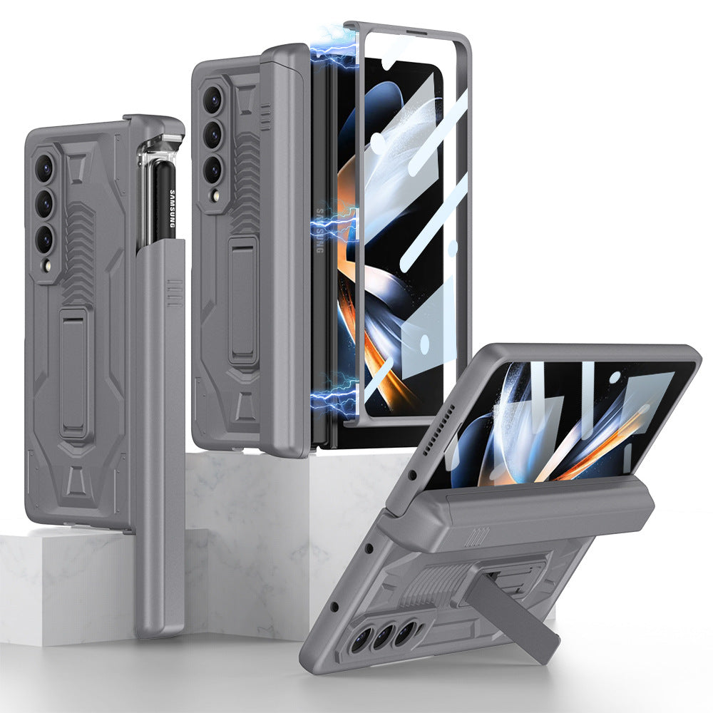 Magnetic Galaxy Z Fold4 5G Cover Folding Armor Case With Film & Slide Pen Slot and Kickstand