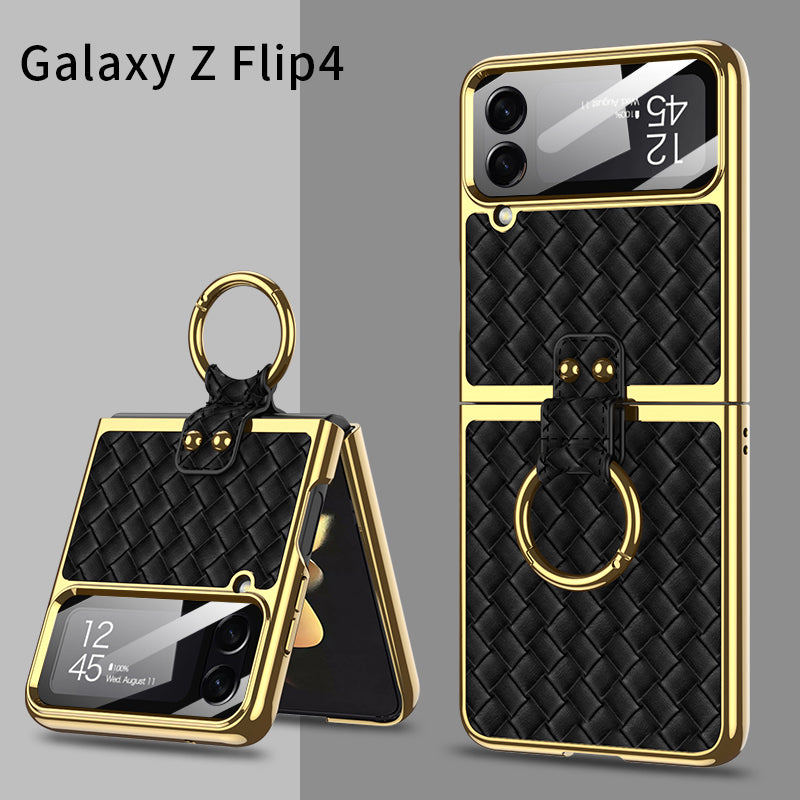 Electroplated Weave Leather Case For Galaxy Z Flip4 5G With Back Glass And Ring Holder Standard