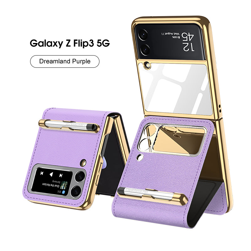 Electroplating Plain Leather Magnetic Case With Capacity Pen and Makeup Mirror For Samsung Galaxy Z Flip3 5G