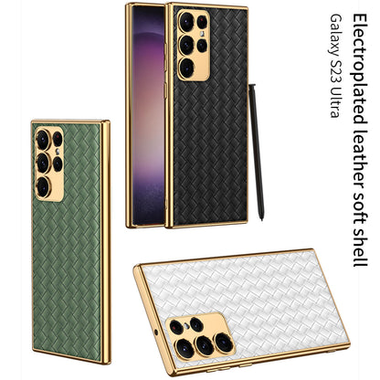 Weaved Pattern Electroplated PU Leather Mobile Phone Case For Samsung Galaxy S23 S23 Plus S23 Ultra