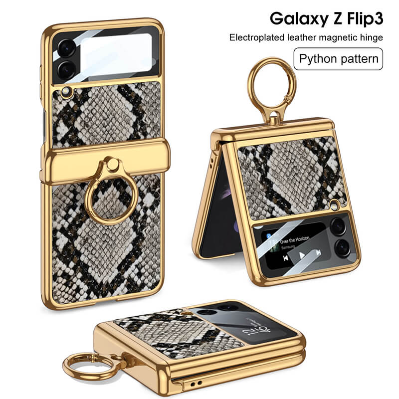 Electroplated Leather Magnetic Hinge Ring Holder Case For Samsung Galaxy Z Flip4 5G